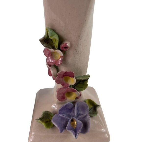 Vintage 1950s Set of 2 Pink/Gold Bud Vases w/ Applied Flowers Darvill LA Cali - Picture 3 of 13